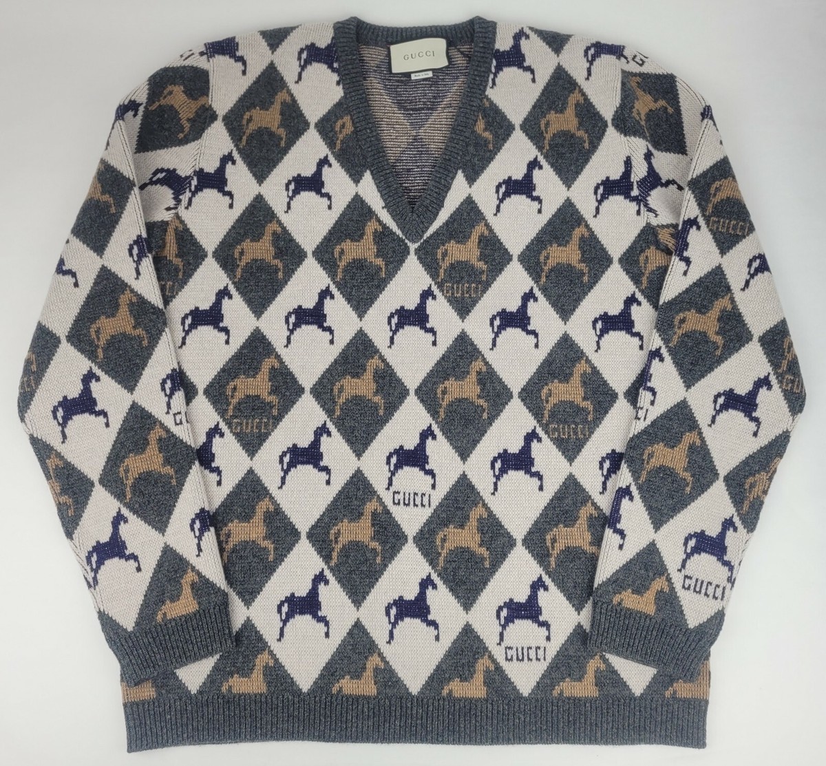 Gucci Men's Grey Knit Wool Horses Pattern V-neck Sweater sz L