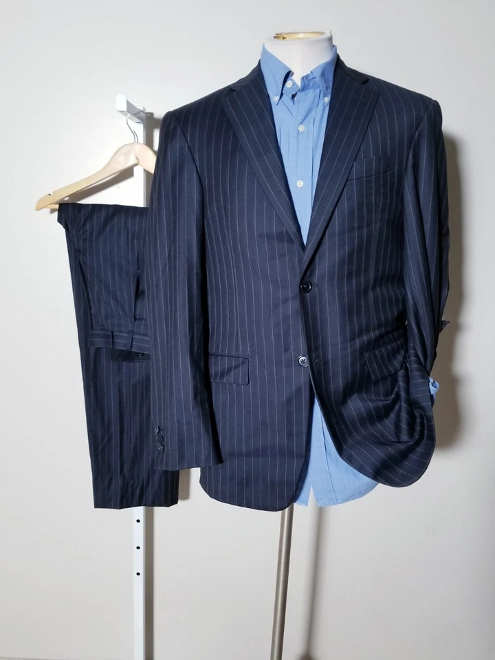 Traje de Lona Completo Hilton A Medida De Colección Azul Marino Gris Chaqueta a Rayas 36R Pantalones W32 Foto 2 de 4