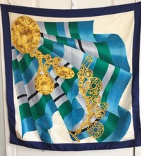 Celine Paris blue 100 silk chain print Hand rolled edges scarf 35 x 35  