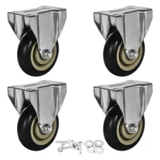 4 Pack 4" Rigid Fixed Polyurethane Black Non Swivel Caster Wheels w/ Hardware