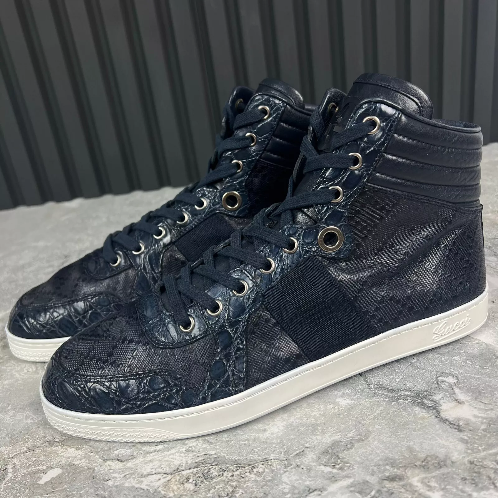 Baskets Web GUCCI cuir bleu diamant garniture crocodile 8 G ou 8,5 US ou