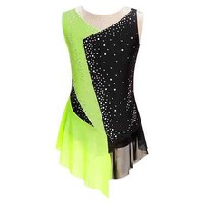 Kids Girls Figure Skating Dress Shiny Rhinestone Sheer Mesh Ballet Dancewear