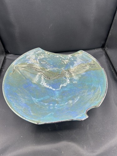 Blue Etched Abstract Free Form Glazed Redware Art Pottery Bowl 9" Signed