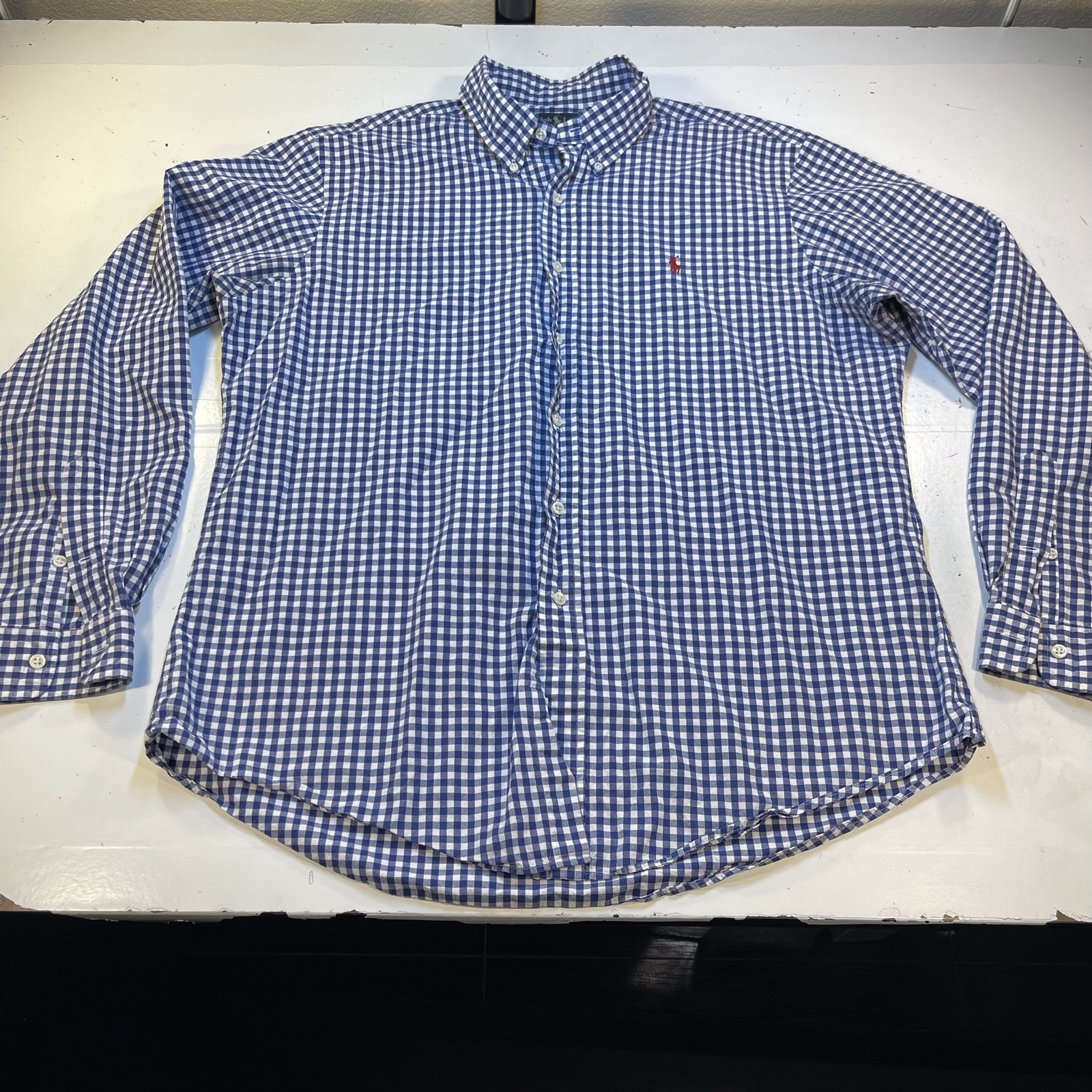 POLO RALPH LAUREN Personalizzata CAMICIA ABBOTTONATA XL a scacchi blu e bianco pony rosso