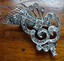 Broche de arco de flores ornamentadas con diamantes de imitación transparentes de plata esterlina 925 vintage -A117