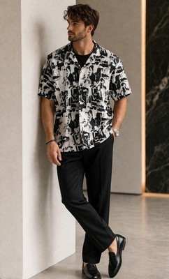 ZARA shirt features an abstract print in black and white, perfect for a sum XL