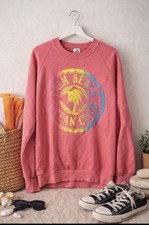 Vintage 90s Neon Jerzees Palm Beach Sweatshirt L Coral Raglan Retro Beach Sz L