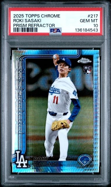 ROKI SASAKI 2025 Topps Chrome #217 PRISM REFRACTOR Rookie RC PSA 10 LA Dodgers