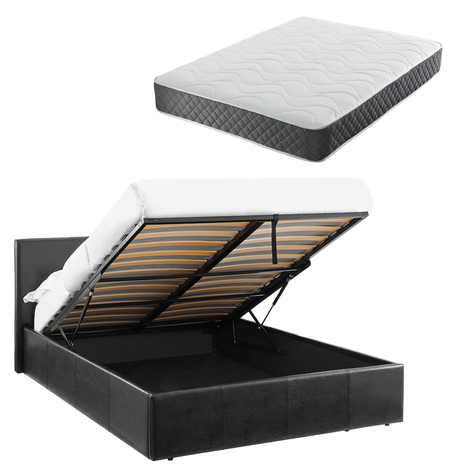 Bed Small Double 4FT Ottoman Black Faux Leather + Spring & Foam Mattress LUNA