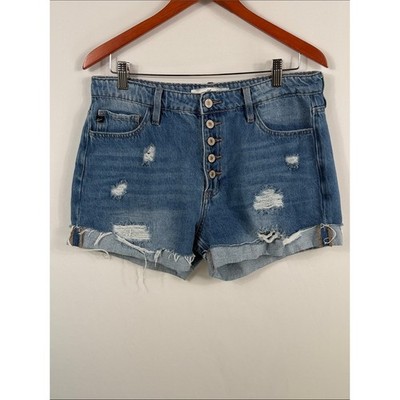 KanCan Frayed Button-Fly Denim Shorts - Blue. Womens size 11 / 29. Inseam 3 inch