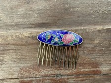 Vintage Cloisonne Enamel Hair Comb Single Blue Rose Floral Gold Tone
