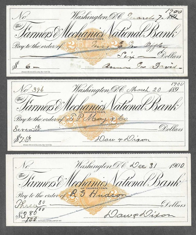 Three 1900 Bank Checks Washington DC w/RN-X7