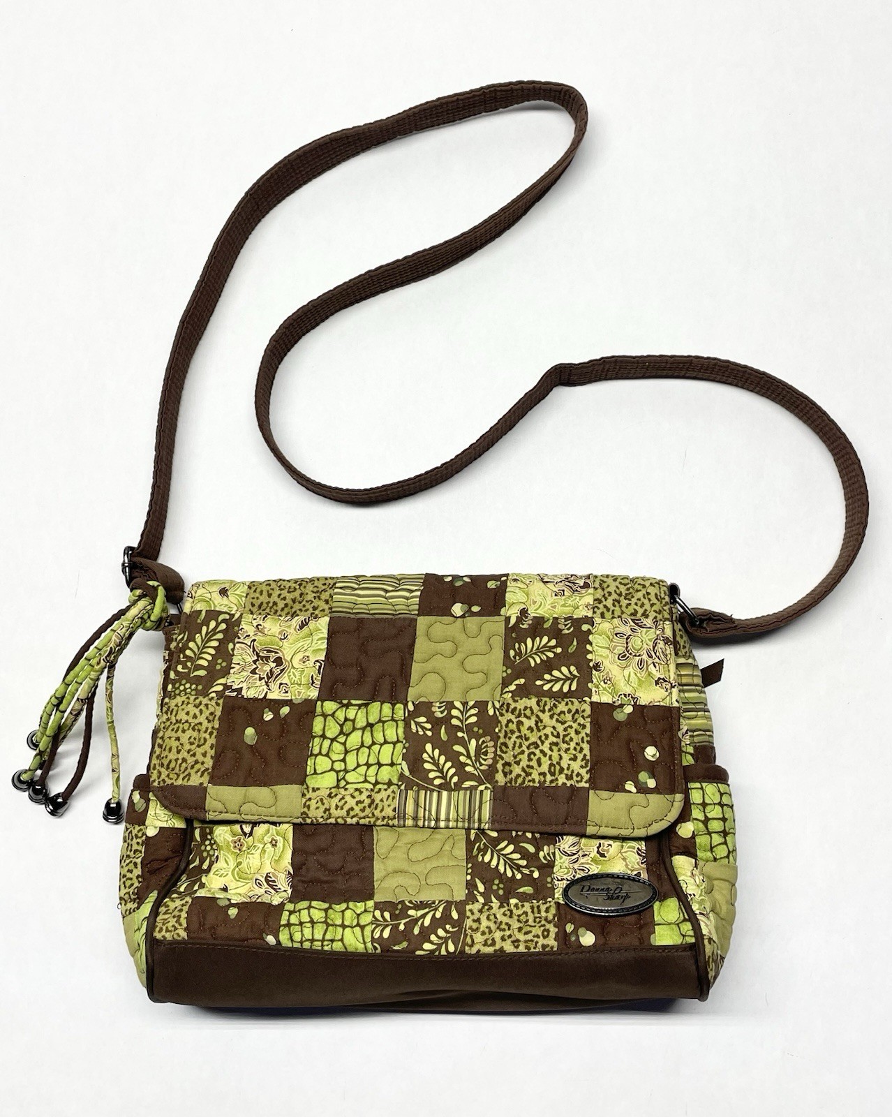 Green Brown Patchwork Quilted Bag Purse Multi Pocket Earthy 90s Boho Mom Travel