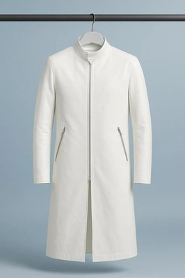 Men's White Leather Long Jacket-Classic Lambskin Leather Long Coat 