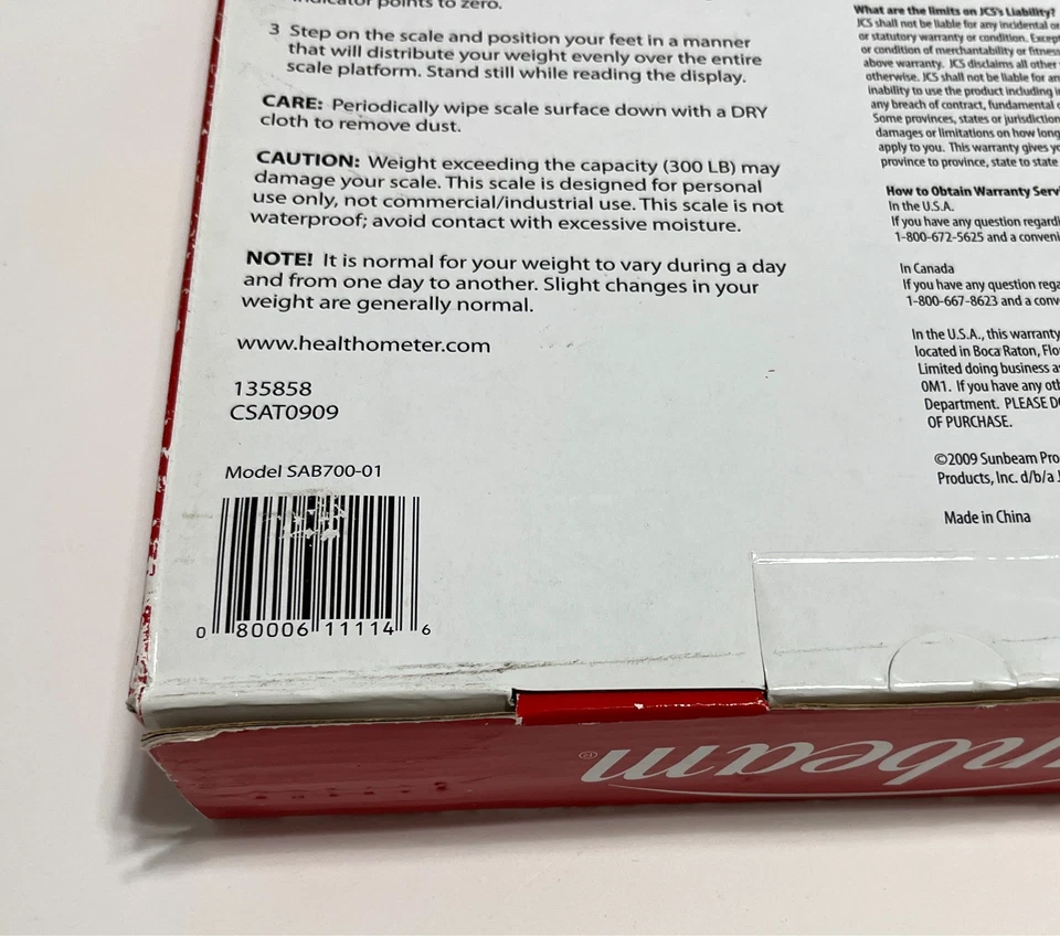 SUNBEAM SAB700-01 Blanco Vista Completa Dial Analógico Escala Pantalla 300 lb OS/CAJA NUEVA Foto 3 de 4