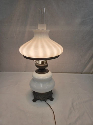 Antique Opalescent Milk Glass Hurricane Parlor Table Lamp