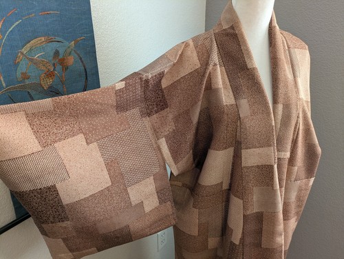 Japanese Silk Komon Kimono/Yosegara Edo Komon/Ecellent Condition/Beige/Brown