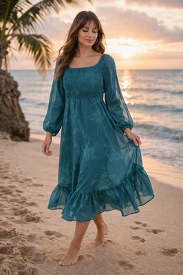Taylor Teal Floral Midi Dress Womens M Long Sleeve Smocked Bodice Ruffle Hem A5