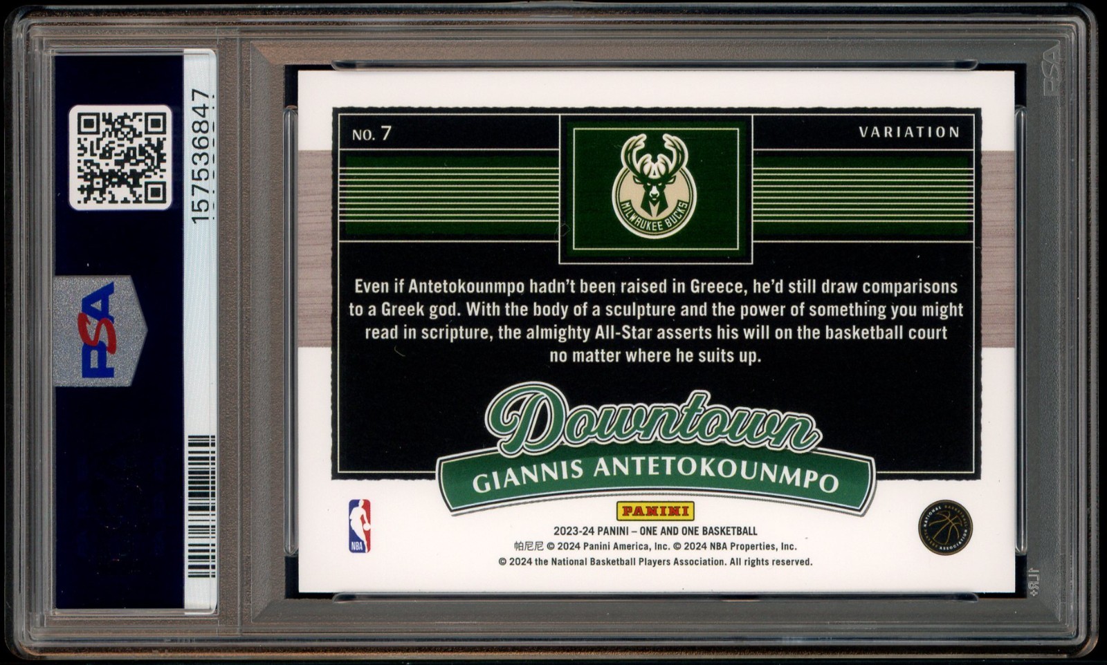 2023-24 Panini One And One Downtown Variation #7 Giannis Antetokounmpo SSP PSA 9 view 3