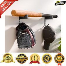Baseball Bat & Cap Holder Wall Mount Rack Wood Metal Display w/ Hooks Garage