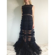 WHOLE 9 YARDS Black Tulle Ruffled Sheer Maxi Formal Gown SMALL