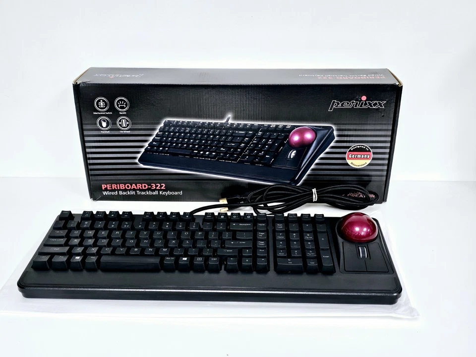 Perixx Periboard-322 Wired Mechanical Trackball Tastatur (2 Usb Hubs) US OVP