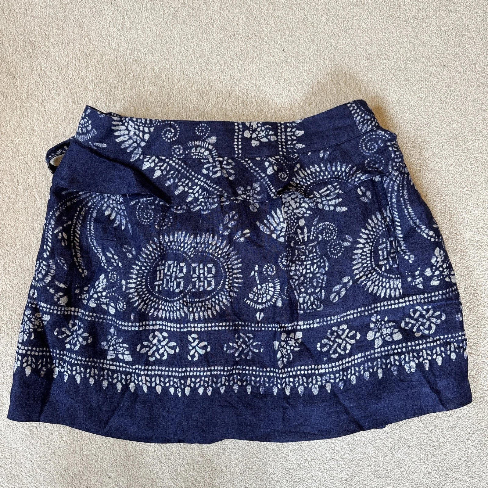 Zara Linen Batik Blue Navy Wrap Skirt Large