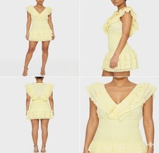 PrettyLittleThing Bodycon Dress Womens 10 Lemon Broderie Anglaise Shirred Frill