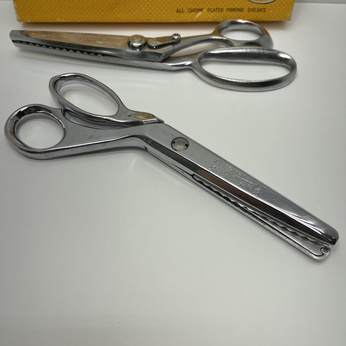 Vintage YELLOW CANARY Chrome Plated PINKING SHEARS 8" w/ Original Box 2 PAIRS - Picture 5 of 18