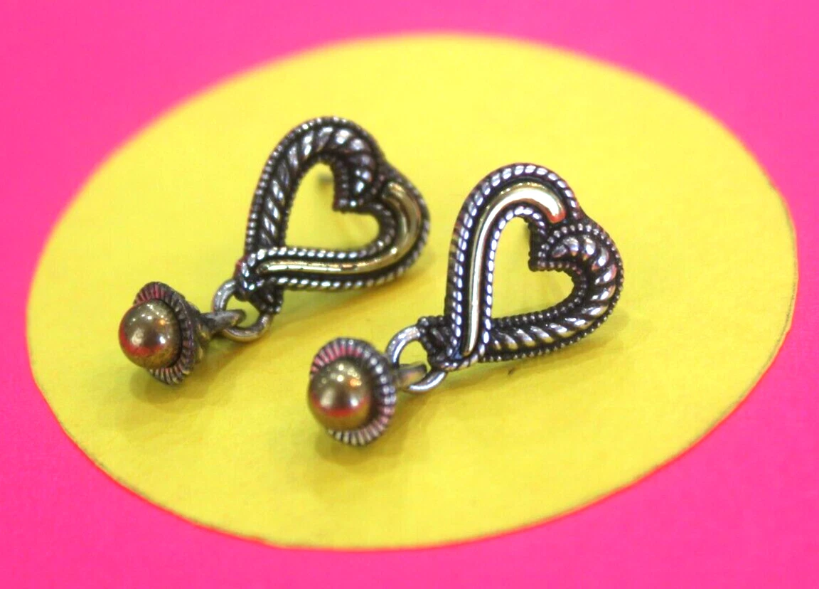 RETIRED Brighton Gold Silvertone Heart Dangle Ball Pierced