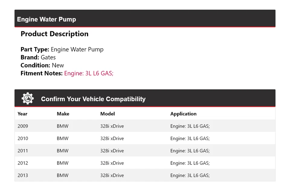 Для 2009-2013 BMW 328i xDrive 3L L6 газовый двигатель водяной насос ворота 2010 2011 2012 - Изображение 2 из 4
