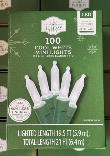 NEW! Holiday Time 100 COOL WHITE Mini LED Christmas Lights Strand GREEN ...