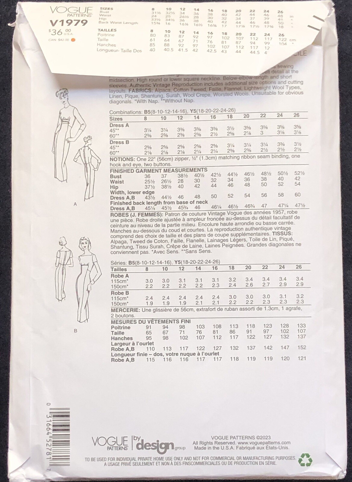 V1979 Pattern Vogue Pattern V1979 1950s Misses Dress Sizes 18-26 | eBay