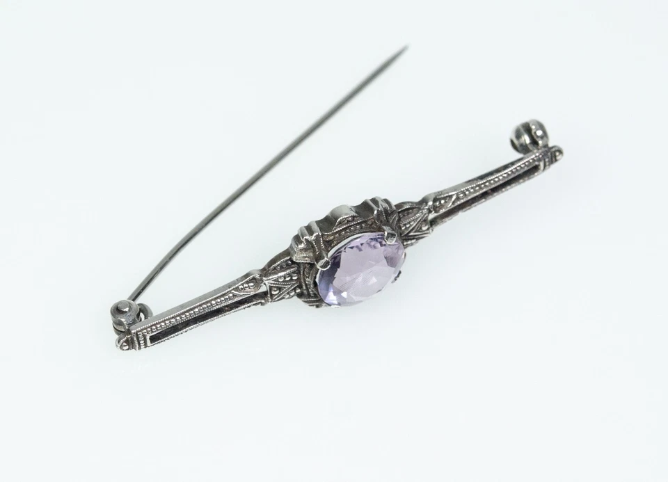 835 Argento - Antico Art Deco Spilla - Naturale Ametista - Immagine 4 di 4