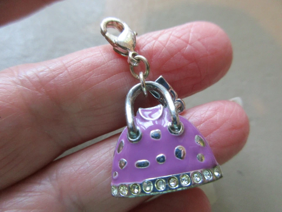 VINTAGE SILVER TONE CRYSTAL PINK ENAMEL CLIP ON HANDBAG PURSE FOB CHARM PENDANT - Image 2 of 3