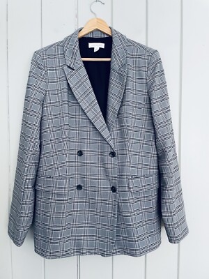 Treasure & Bond Plaid Blazer L Large Double Breasted Notch Lapel Pocket Longline