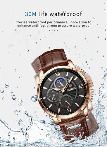Lige Herrenuhr Casual Braun Leder Armbanduhr Business Männlich Kalender Uhren - Bild 16 von 29