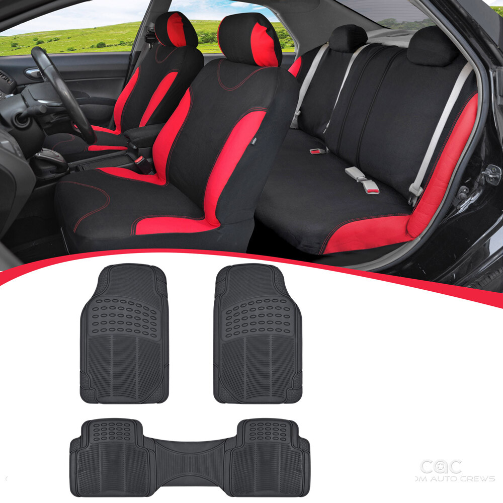 12PC Red/Black Car Seat Covers & Rubber Floor Mats Interior Set Sedan Truck SUV