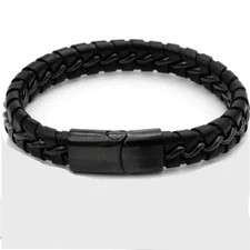 Men's 8.5" Stainless-Steel Black Braided,Leather Magnetic Bracelet,Unisex*BOX