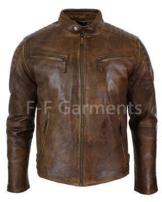 Mens Vintage Biker Style Moto Biker Cafe Racer Brown Distressed Leather Jacket