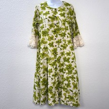 UTSA Womens MEDIUM Green Floral Woven Cotton Blend Midi DRESS Lace Cuffs Boho