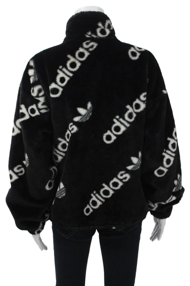 Adidas Women Bomber Jacket Black High Neck Zip Graphic Print Polyester Size S - Image 3 of 4