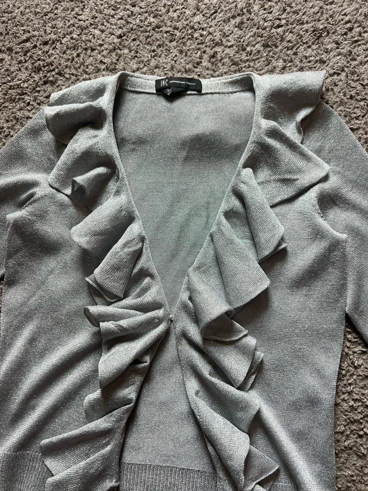 Cárdigan vintage Y2K 90s INC XS plateado metálico con volantes recortado noche de hadas Foto 3 de 4