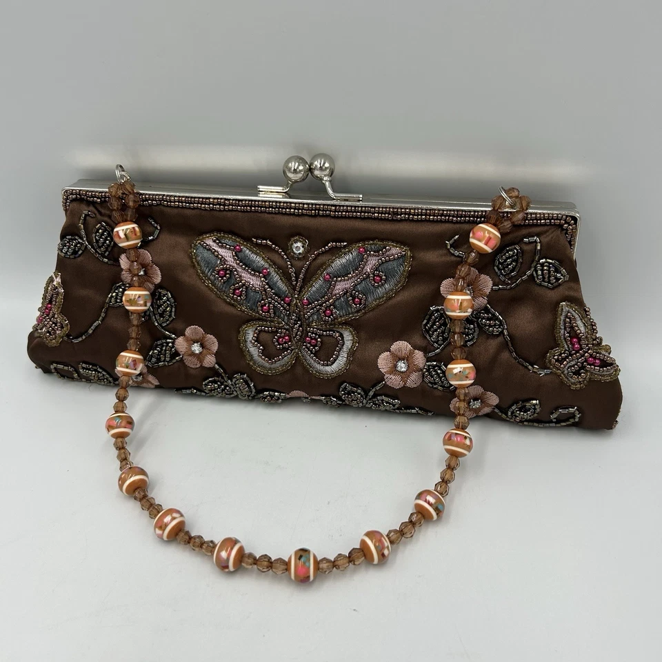 Bolso sin asas con cuentas Bolso de noche Bloqueo de beso Lentejuelas Mariposas Foto 2 de 4