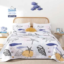 Coastal Quilt Set Queen Size Light Blue Nautical Beach Quilt Coverlet Reversi...