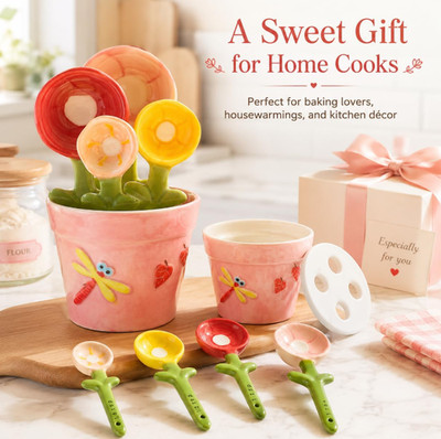 Cute Flower Measuring Spoons Set of 5,Ceramic Floral Measuring Spoons with Pot