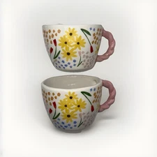 Set Of 2 Floral Mugs Decorative Home Cozy Roped Handle Large Aesthetic Cups