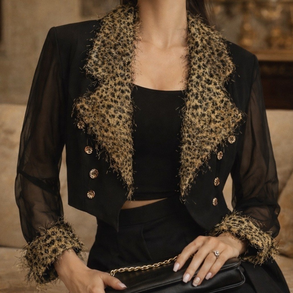 Vintage y2k Sheer Leopard Trim Cropped Bolero Jacket Open Front size 14