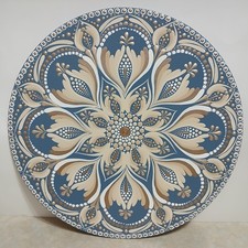12" Hand Painted Wood Blue Beige Floral Mandala Plague Folk Art Boho Wall Decor