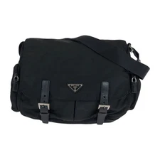 PRADA Tessuto Triangle with logo Shoulder Bag Black SilverHardware Nylon/leather